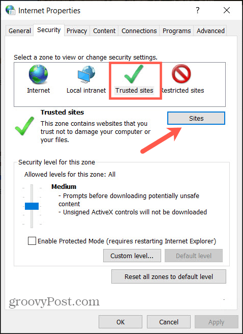 Internetegenskaper och webbplatser i Windows kontrollpanel