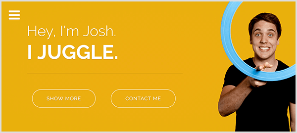 Josh Hortons webbplats för jonglering har en gul bakgrund, ett foto av Josh som ler och snurrar en ljusblå jongleringsring runt pekfingret och vit text som säger Hej jag är Josh. Jag jonglerar.