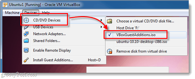 ubuntu dvd cd-enhet välj vboxguestadditions.iso