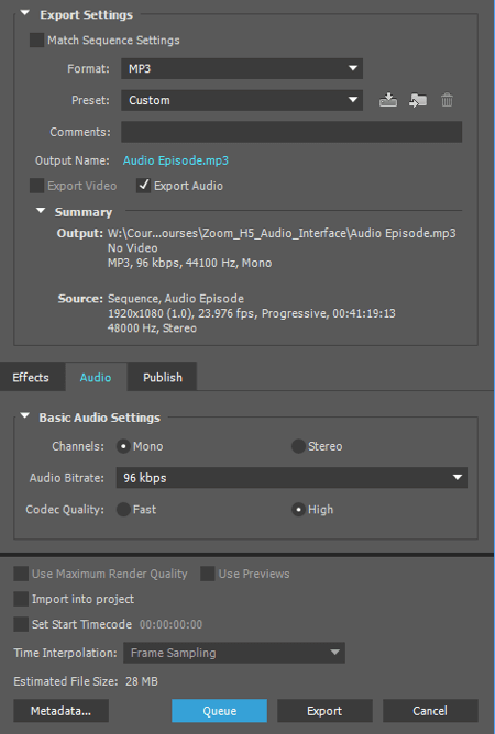 Exportera ditt ljud som en MP3-fil i Adobe Premiere.