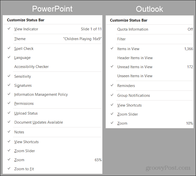 Alternativ för PowerPoint och Outlook-statusfält