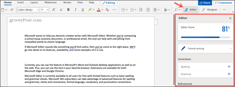 Microsoft Editor i Word på webben