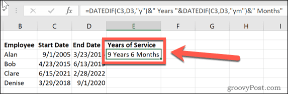 excel daterat om år och månader av tjänst