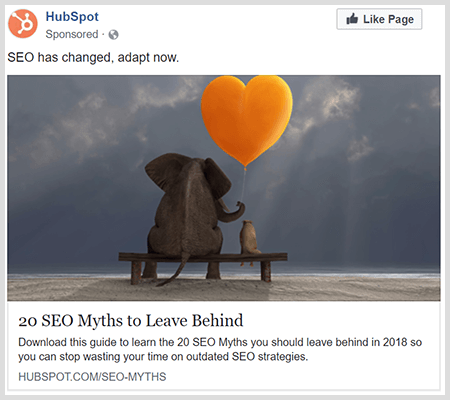 Varumärkesannonser delar användbart innehåll som den här HubSpot-annonsen om 20 SEO-myter att lämna efter sig.