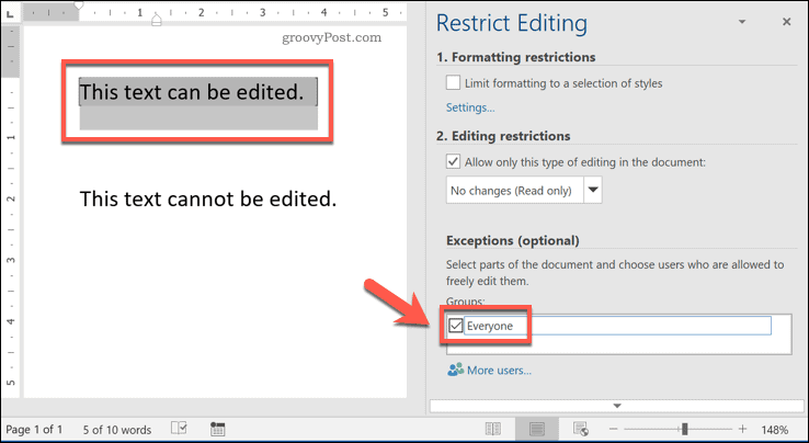 Begränsar redigeringsåtkomst till text i Word