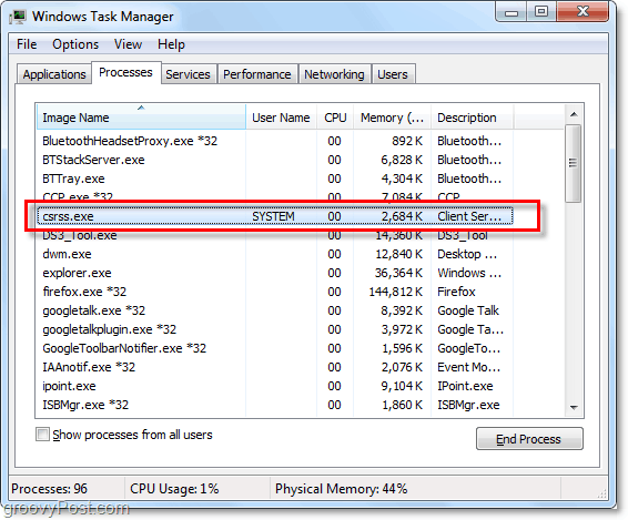 csrss.exe så som det visas i Windows 7 task manager