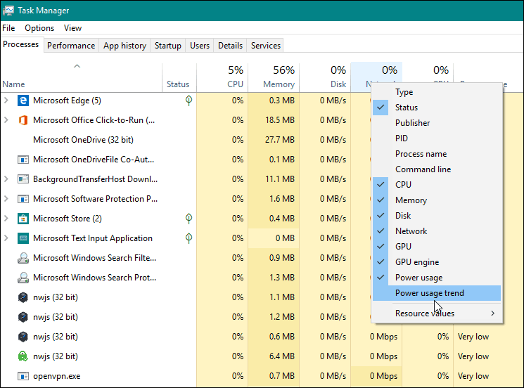 Lägg till Power Monitor-kolumn Windows 10 1809