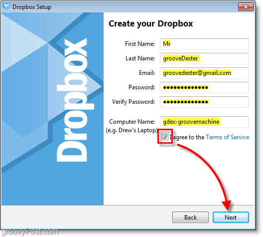 Dropbox-skärmdump - ange din kontoinformation