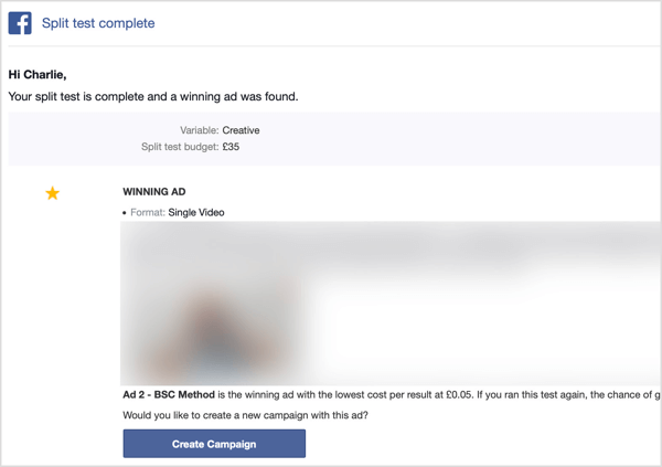 Du får ett e-postmeddelande när ditt delade test på Facebook är klart.