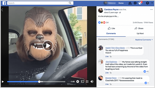 Candace Payne gick live på Facebook i en Chewbacca-mask från Kohls parkeringsplats. När denna skärmdump togs hade hennes video 3,4 miljoner delar och 174 miljoner visningar.