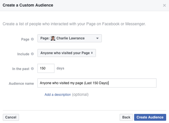 För att skapa din anpassade Facebook-publik väljer du Alla som har besökt din sida i listrutan Inkludera.