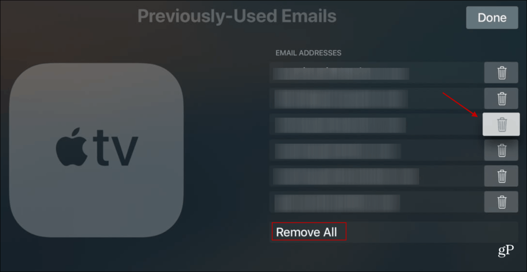 Radera tidigare använda e-postmeddelanden Apple TV