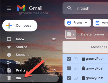 Öppna papperskorgen (Bin) i Gmail