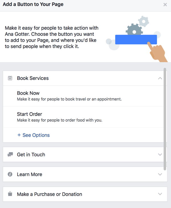 Du kan välja mellan ett stort antal CTA-knappar för din Facebook-sida.