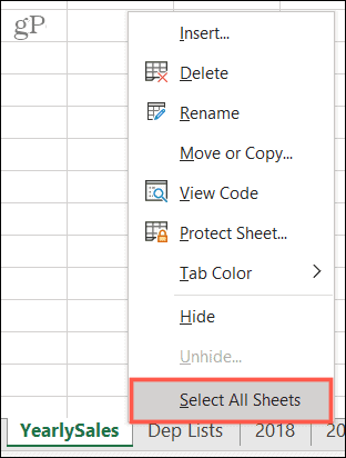 Välj Alla ark i Excel