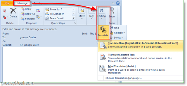i Outlook är översättningsknappen på en annan plats där den är?