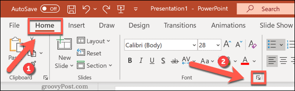 Åtkomst till menyn Alternativ för teckensnitt i PowerPoint i Windows