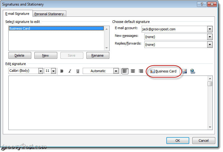 Bifoga visitkort i Outlook 2010 e-signatur