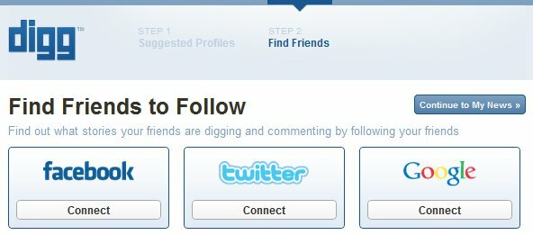 Ny Digg-inloggning - Steg 2 - Hitta vänner på Facebook, Twitter, Google
