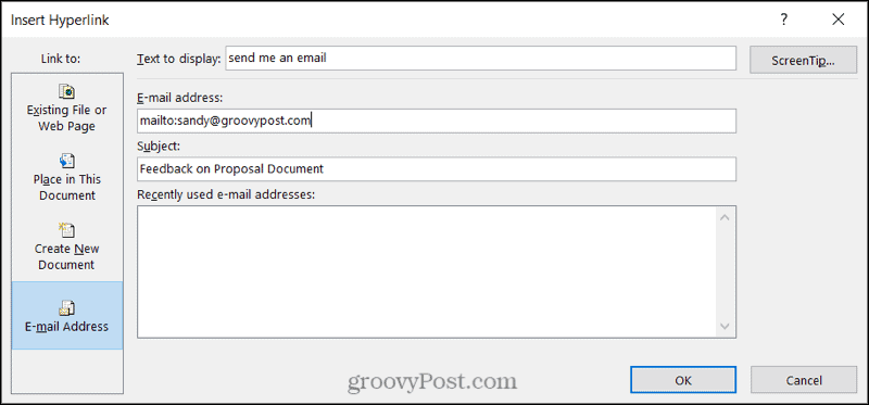 Länk till ett e-postmeddelande i Word på Windows