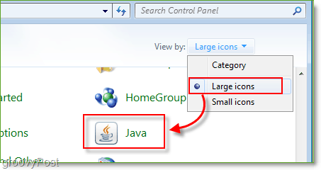 Skärmdump: Windows 7 Kontrollpanel Starta Java