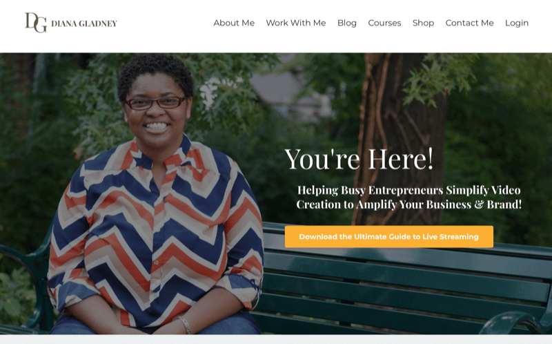 skärmdump av Diana Gladneys webbplats, som lyfter fram hennes önskan att hjälpa upptagna entreprenörer att förenkla skapandet av video