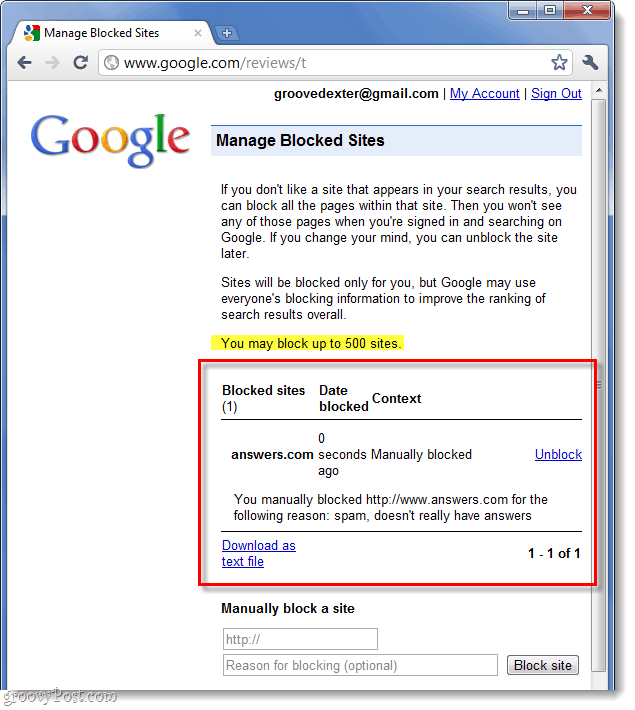 lista över dina Google-blockerade webbplatser