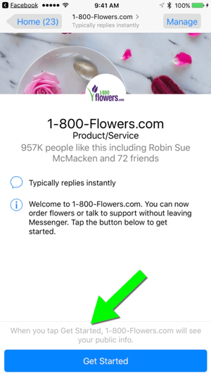 Att skicka ett meddelande till 1-800-Flowers.com via deras Facebook-sida gör det enkelt för användare att bli kunder.