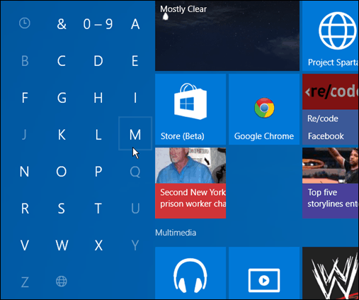 Sök i appar med första bokstaven Windows 10