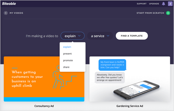 Välj vilken typ av video du skapar i Biteable och ange för vilket syfte