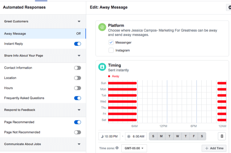 skärmdump av tidsinställningar för Facebook Messenger bort meddelande automatiskt svar