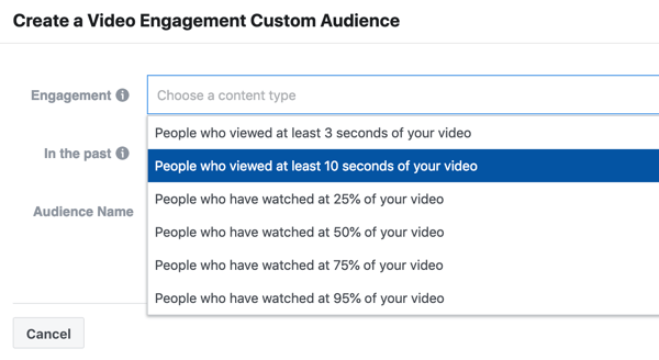 Hur du marknadsför ditt liveevenemang på Facebook, steg 9, skapa en videokampanjkampanj för personer som tittade på minst tio sekunder av din video