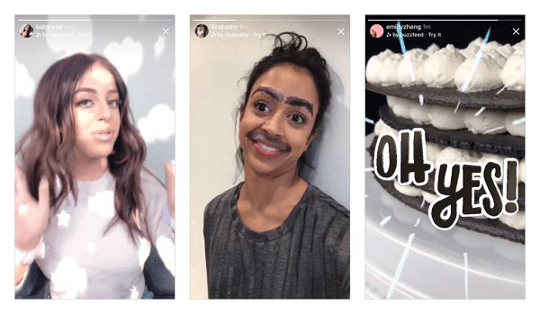 Instagram lanserade sin första sats nya kameraeffekter designade av Ariana Grande, Buzzfeed, Liza Koshy, Baby Ariel och NBA i Instagram-kameran och planerar att ta med sig fler nya effekter snart.
