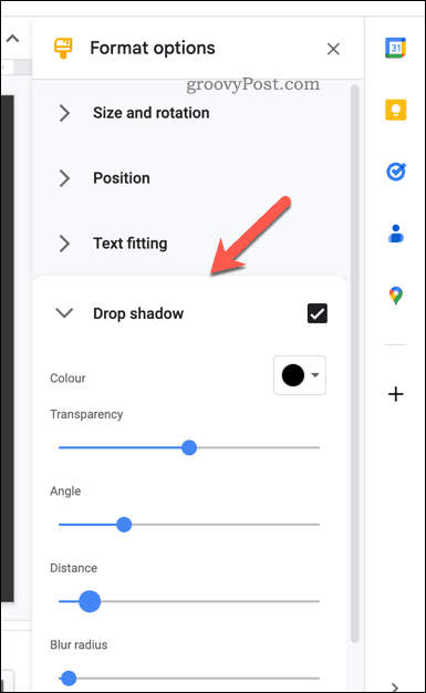 Lägga till effekter i textrutor i Google Slides