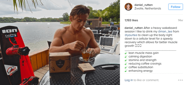 Idrottsman Daniel Rutten poserar med Man Tea och lyfter fram fördelarna för sina Instagram-följare.