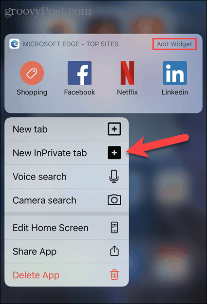Välj Ny InPrivate-flik från Edge-ikonen i iOS