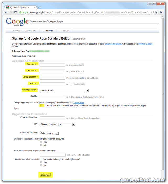 Registrering av Google Apps Standard Edition anges i domän