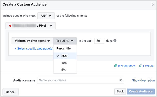 Dialogrutan Facebook Skapa en anpassad publik har alternativ för att rikta annonser till de kunder som tillbringade mest tid på din webbplats.