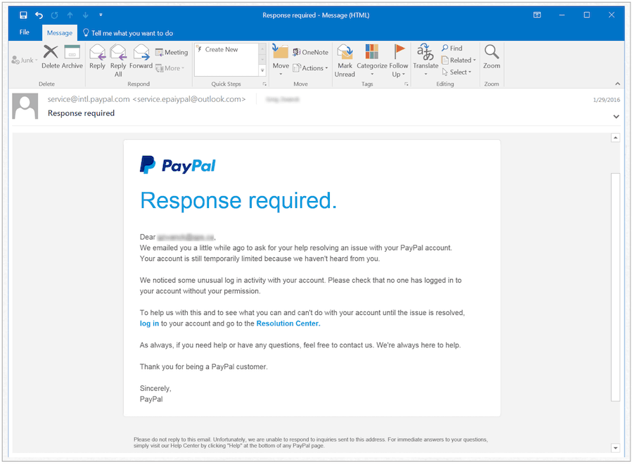 PayPal falska meddelande