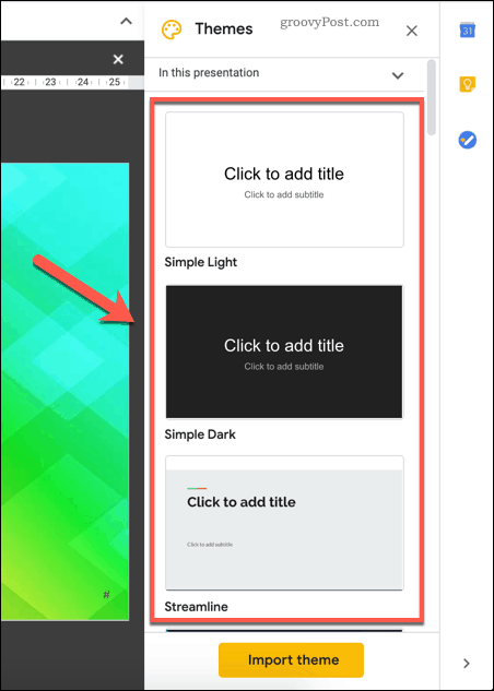 Välja ett befintligt malmtema för Google Presentationer
