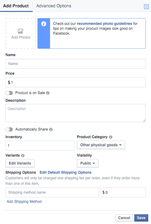Facebook-butiks produktinformation