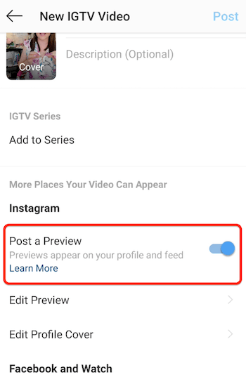 instagram igtv nya videomenyalternativ med inlägget ett förhandsgranskningsalternativ aktiverat