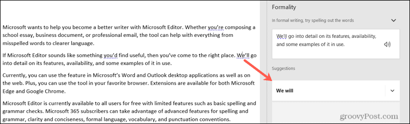 Microsoft Editor-förslag