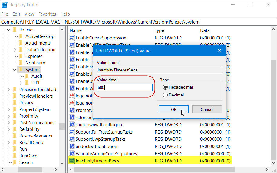 Inaktivitet TimeoutSecs-register Windows 10 Home version