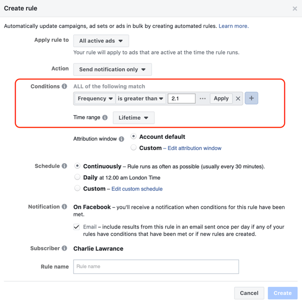 Använd Facebook-automatiska regler, meddelande när annonsfrekvens över 2.1, steg 2, villkorsinställningar