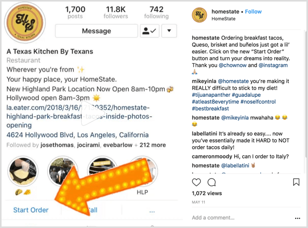 exempel på Instagram-affärsinlägg som visar användarna hur man använder åtgärdsknappen Startorder