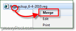 slå samman en registerfil för att återställa den i Windows 7 och vista