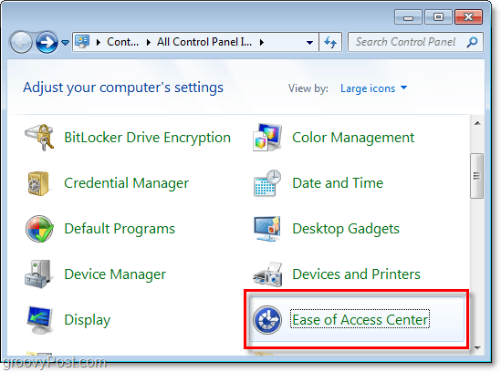 Gå till Ease of Access Center genom kontrollpanelen i Windows 7