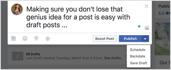 Spara ditt Facebook-inlägg som ett utkast.