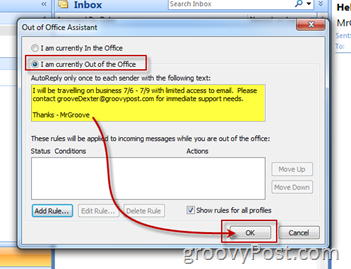 Aktivera Aktivera automatiskt svar från Microsoft Outlook Out of Office Assistant